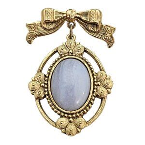 1928 Brand Bow Brooch Oval Setting, Blue Lab Agate Pin
